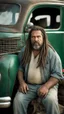 Placeholder: photography of a dirty burly chubby gipsy manly man serious repairing a car, , 48 years old, beefy, ugly , dreadlocks, sweat, with completely broken cotton pants, bulge, beard , angry eyes, bare-chested, huge belly, in industrial area, photorealistic, side light, view angle from low , ambient occlusion
