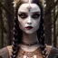 Placeholder: woolitize, Wednesday Addams, rusty metal, feathers, Dryad, fae, sidhe, ominous, nature, plants, wildflower, facepaint, dnd character portrait, intricate, oil on canvas, masterpiece, expert, insanely detailed, 4k resolution, retroanime style, cute big circular reflective eyes, Pixar render, unreal engine cinematic smooth, intricate detail , soft smooth lighting, soft pastel colors