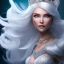 Placeholder: Ice Princess with white hair smilling, a crown with precious stones, bright background