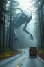 Placeholder: Fantasy forest road a giant alien creature waiting for a ride on the side of the road