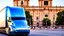 Placeholder: A Tesla semi-truck is racing at top speed, across the 'Plaza de la Constitución', in the city of Mexico. CINEMATIC. WIDE ANGLE LENS. PHOTO REAL.