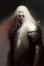 Placeholder: Paladin in dark armor, white long hair, Red eyes, standing in mists, Male, dark art, Ivory Peach skin