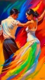 Placeholder: The flamenco dancer in white dress dancing with a man wearing black , oil painting with hard brush colors on the canvas