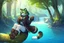 Placeholder: Girl, green hair, raccoon tail, raccoon paws in hand, raccoon paws in foot, forest, river, sit on tree, coat on neck, with tongue out, big tail, furry