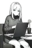 Placeholder: thin hacker girl use a laptop sitting in a cafe, line arts, greyscale