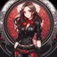 Placeholder: a woman with long brown hair, red eyes, with a confident, 'bad girl' vibe standing on a circular platform, wearing black and red leather, Chibi anime style, intricately detailed, splash art background