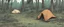 Placeholder: campsite, tents, overgrown, post-apocalyptic, comic book, forest