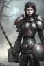 Placeholder: Gaspunk Wednesday Adams, in a black knight armour,a beautiful full frame portrait digital painting of futuristic, wide angle view, close-up, macro lens, centered camera, titanium accents, intricate details, small minutiae, tiny features, particulars, colorful, 8k, least ambient occlusion, volumetric lighting, volumetric clouds