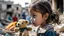 Placeholder: side view to palestinian little girl looking at face to face her toy with tears and Destroyed buildings in the background