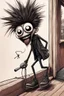 Placeholder: 2d drawing of a stickman, cool with punk hair, x eyes like in hangman, driving a porch, 3d realistic in colour