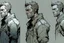 Placeholder: man, ethan hawk,, looking serious, comic book, post-apocalypse, grey background, illustration, multiple angles, sketch,
