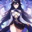 Placeholder: Clear focus,High resolution, Black long fluffy hair, and purple eyes, wearing a Genshin Impact Inspired Outfit,Detailed Clothes,A little bit revealing, must wear a short skirt, Mad, wearing a split skirt