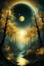 Placeholder: a translucent golden moon, looking down at a beautiful tri coloured fantasy forest