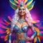 Placeholder: photorealistic full body portrait of a beautiful smiling amazonian carnival goddess with long parma white hair, colorful feathers tight hips with a tron like body suit in a cosmic surounding only blue , pink and yellow