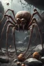 Placeholder: A huge, scary monster spider that people are afraid of, as it secretes mucus from its mouth to catch its prey. It is surrounded by rocks and skulls and a huge spider web in a wonderful cinematic scene.