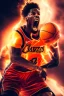 Placeholder: 8k, highly realistic and detailed image of a NBA basketball player in action dunking the ball in the net, sweaty hair, screaming look,action and smoke and flames background