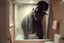 Placeholder: surreal photograph of a massive elephant uncomfortably contorted in a small stand-up shower in a suburban bathroom, elephant is too big and has to hunch over his head touching the ceiling and his bulk pushed up uncomfortably against the shower glass door