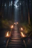 Placeholder: A wooden bridge above a river in the forest at night with fire torches on each side,A wooden bridge in the forest at night with fire torches on each side,a wild forest ,The staircase stands unwavering, a symbol of strength and endurance.