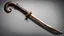 Placeholder: an arabian scimitar out of it's sheath, whose blade made out of lava, glowing bright. it's guard has curled goat horns as decoration, and there is a curled chain affixed to the pommel.