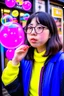 Placeholder: cool girl blowing bubbles on streets of tokyo in the style of hiroku ogai