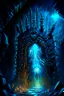 Placeholder: Glowing spiked iron entrance to a scary scifi blue mine at night steampunk rpg painterly art