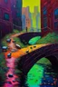 Placeholder: painting of a cyberpunk colourful natural walkway rubbish on the street in the city with pollution and a small bridge by a creek with electric sheep and androids by monet