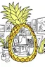 Placeholder: Pineapple Cozy Art Studio Coloring Page: A pineapple cross-section displaying an art studio. Features an easel, paint palettes, brushes, and artworks hung on the walls.