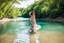 Placeholder: beautiful girl in pretty dress walking in water toward camera in trees next to wavy river with clear water and nice sands in floor.camera capture from her full body front