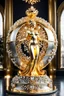 Placeholder: A magnificent golden and silver heart-shaped sign adorned with a stunning golden sphere encrusted with sparkling diamond clusters at its center, elegantly spinning in position,a golden statue of a girl in standing pose