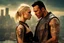 Placeholder: Jason David Frank short dark hair with tribal tattoos hugging pretty blonde shorthaired girl crying, photo realistic, modern dark fantasy, cityscape