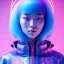 Placeholder: asian woman teenager, few freckles, padded coat, retro futuristic, latex dress, gradient color, BLUE, PINK, CYAN, neon, insanely detailed, 16k resolution, perfect eyes, cinematic smooth, intricate detail