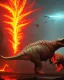 Placeholder: Movie poster, (dinosaurs), lava, active volcano, ash, forest, dynamic lighting, dynamic movement, panorama, wide-angled lense, DSLR, dramatic, 8k resolution concept art hyperdetailed cyberpunk dystopian 8k resolution holographic astral cosmic illustration mixed media by Pablo Amaringo, t-rex, stegosaurus, triceratops, allosaurus