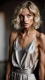 Placeholder: photography of a beautiful anorexic woman, silver satin spaghetti top, sports illustrated, blond short wavy bob haircut, pronounced sternum