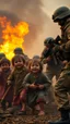 Placeholder: Army solders attacking young children, the children are crying and scared in a smoke and fires war environment