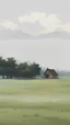 Placeholder: a field of grass and a simple wooden poor-like house in the center, and a tree beside them, the scenery is like a village, painting style, and a silhouette of a mom, older brother, and little sister