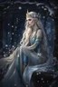 Placeholder: Elven princess,elven crown,long blonde golden hair,rapunzel hair,ice flowers,beautiful,light blue,dark blue,golden armor,sparkle,glitter,ice flowers,snow,elven ears,dark fairy princess