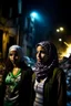 Placeholder: Palestinian girls wears Palestinian keffiyeh , Destroyed Buildings , with a Explosions, at night