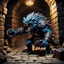 Placeholder: A hyper-detailed, dynamic photograph capturing a classic AD&D Mimic monster in a full, ferocious attack within a dimly lit, ancient stone dungeon corridor. The central focus is a seemingly innocuous, iron-banded wooden treasure chest (about 3 feet high), which has just sprung into life as a horrific Mimic. The creature is fully committed to action: a long, rubbery, purple tongue covered in acidic slime has whipped out from the chest's central 'lid', wrapped tightly around the armored leg of a pa