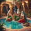 Placeholder: three elves in a harem smoking hookah in a pool