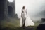 Placeholder: she has pale skin and white hair that gleamed like moonlight on a clouded night. The ruins of a once-mighty stone castle loomed in the mist-shrouded distance Her slender, athletic frame exuded a primal grace, a testament to the untamed spirit that dwelled within her. Clad in a simple white tunic, brown pants, and a leather belt adorned with pouches of mysterious contents, she stood as a solitary figure against the backdrop of a desolate landscape.But it was not just the tunic and pants that ador