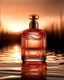 Placeholder: Generate me an aesthetic image of stylish perfume bottle with plash of water in sunset