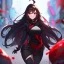 Placeholder: Clear focus,High resolution,High quality, Smiling,Wearing a Fortnite Inspired Outfit,Wearing black long socks, Black Long hair with a ahoge, Red eyes, Wearing black gloves, Bloody mess