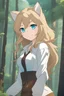 Placeholder: Young woman with dirty blonde hair, cougar ears, vivid light blue eyes, wearing animal hides, smiling, smirking, forest background, RWBY animation style