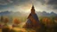 Placeholder: New round cylindrical enormous wooden church with cone-shaped roof in rural surroundings, and mountains in the far distance, highly detailed, realistic, sunshine, RTX