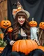 Placeholder: Portrait beautiful woman brown hair in unique custom fashion witch style Happy Halloween,sitting biggest pumpkin Halloween ,sorrounded by puppets Halloween