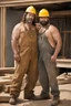 Placeholder: half figure shot photography of TWO ugly 39 year old stocky big chubby robust burly marocan carpenters close embraced, dirty, kiss, wearing overalls, shirtless, manly chest, serious, very virile, short beard, long hair , in a sunny construction work area, photorealistic , photorealistic