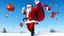 Placeholder: Santa Claus is floating in the wind, holding on, holding his hat with his other hand, gifts are falling out of the bag