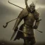 Placeholder: a Midieval knight in metallic gold and grey battle armor, attacking and holding a hockey stick, a highly detailed illustration, background of Celtic castle, realistic render, in style of tomasz alen kopera,