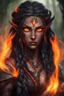 Placeholder: Fire Eladrin druid female. Hair is long and bright black part glows. Part of hair is braided and fire comes out from it. Big bright red eyes. Is generating fire with her hands and fire are coming our off them . Skin color is dark. Has a huge scar on face.