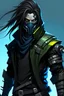 Placeholder: male cyberpunk, long messy hair, futuristic assassin, mask over his mouth, outfit has blue as a secondary color and green as a tertiary color. Yellow eyes